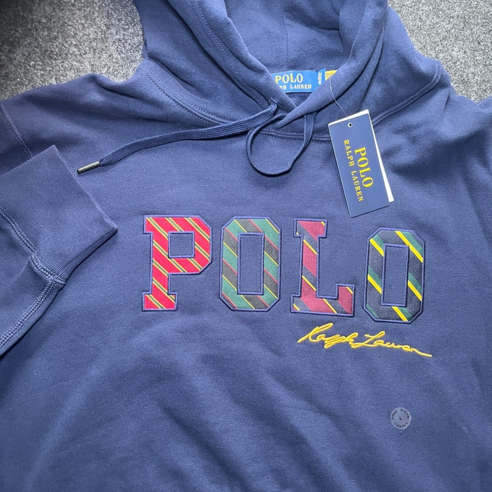 Polo Ralph Lauren Hoodie Mens L Navy New Striped Applique Logo LSPOHODM2